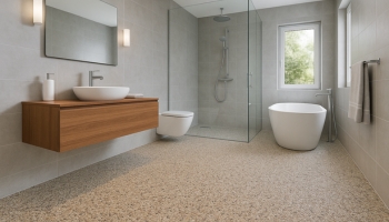 Steinteppich im Badezimmer sorgt für ein modernes Design – langlebig, pflegeleicht und perfekt für den Boden Ihres Badezimmers!